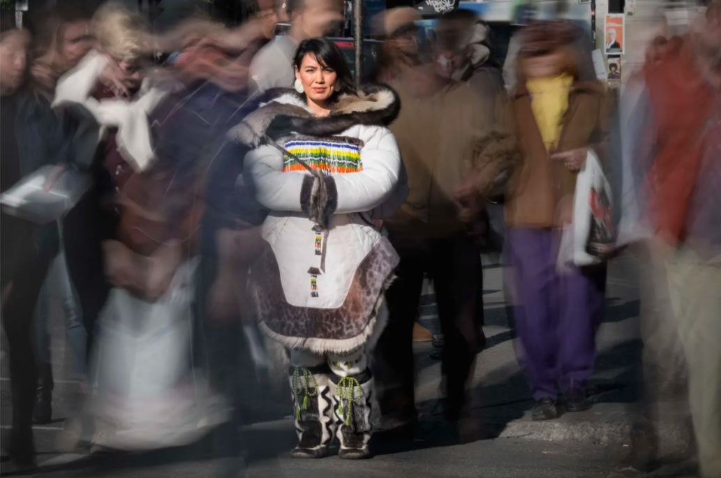 Beatrice wearing the traditional caribou skin amauti she made with Julie Grenier (2015)