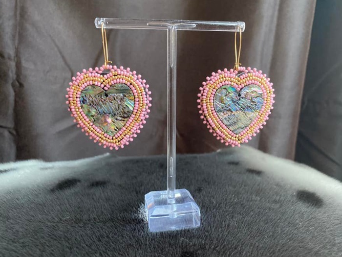Pink and gold heart earrings with abalone centers (2022)