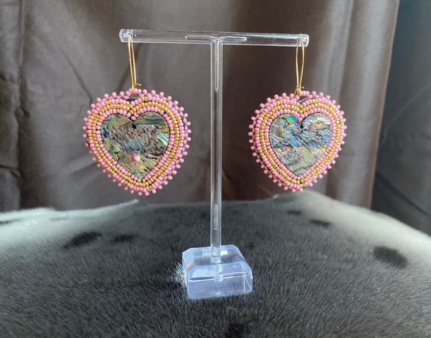 Pink and gold heart earrings with abalone centers (2022)