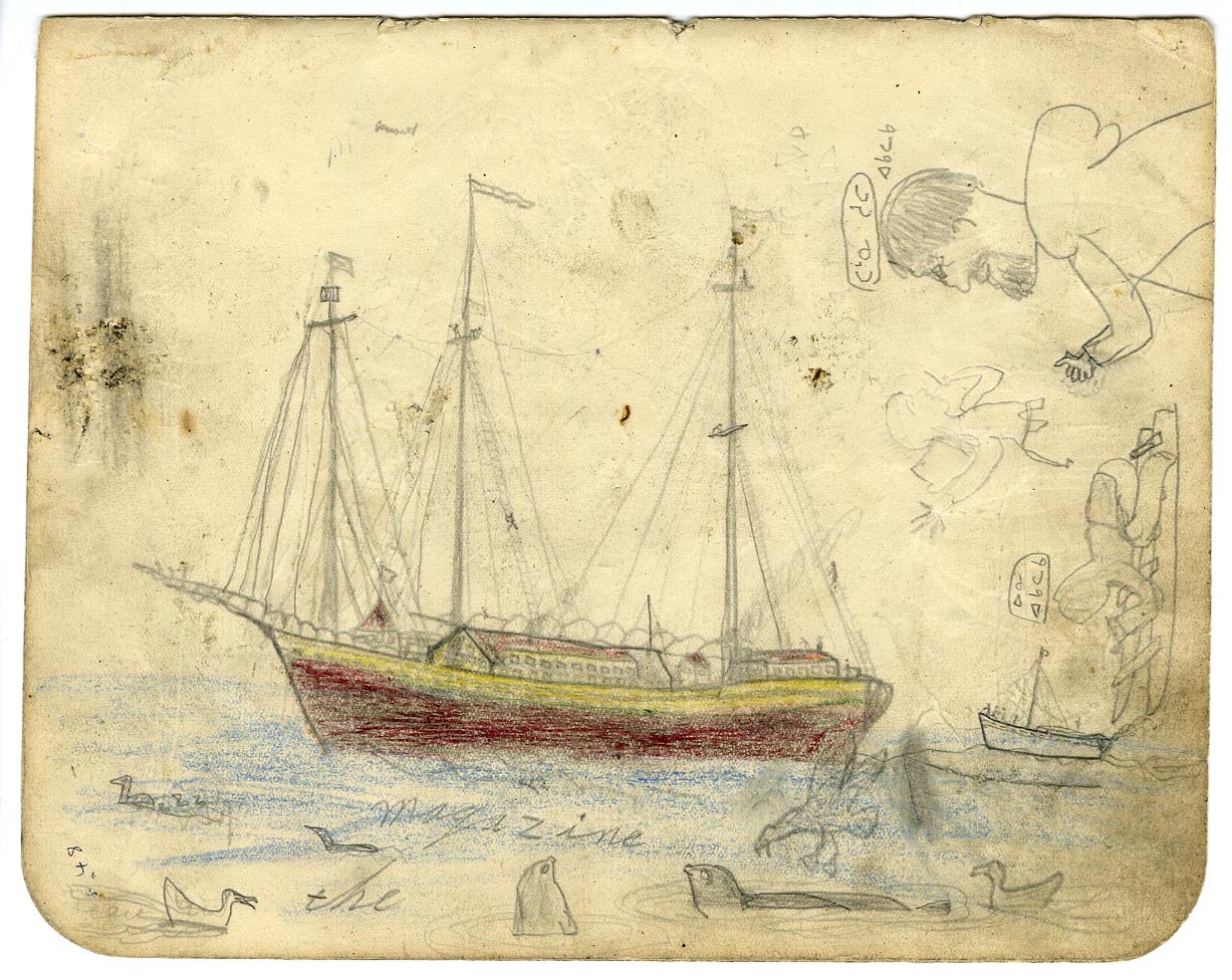 Untitled (Ships, sea birds and seals in water, boy on sled, erased figure and man with syllabics over head)  (late 1930s)