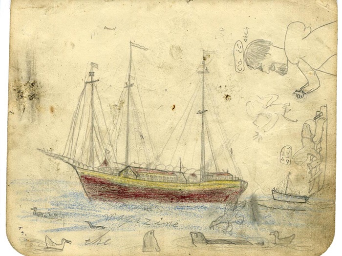 Ships, sea birds and seals in water, boy on sled, erased figure and man with syllabics over head  (late 1930s)
