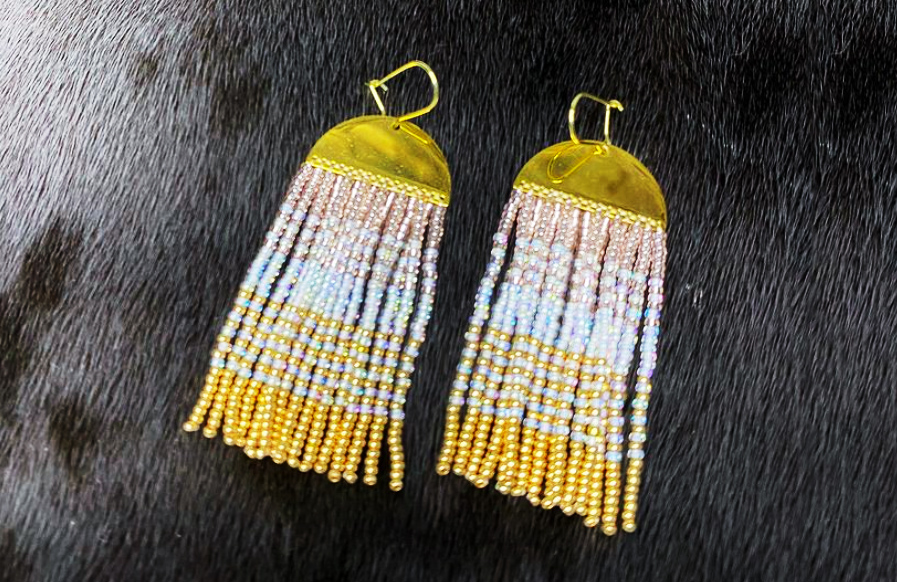 Gold plated qauruti earrings with blush pink, white and gold beads (2020)