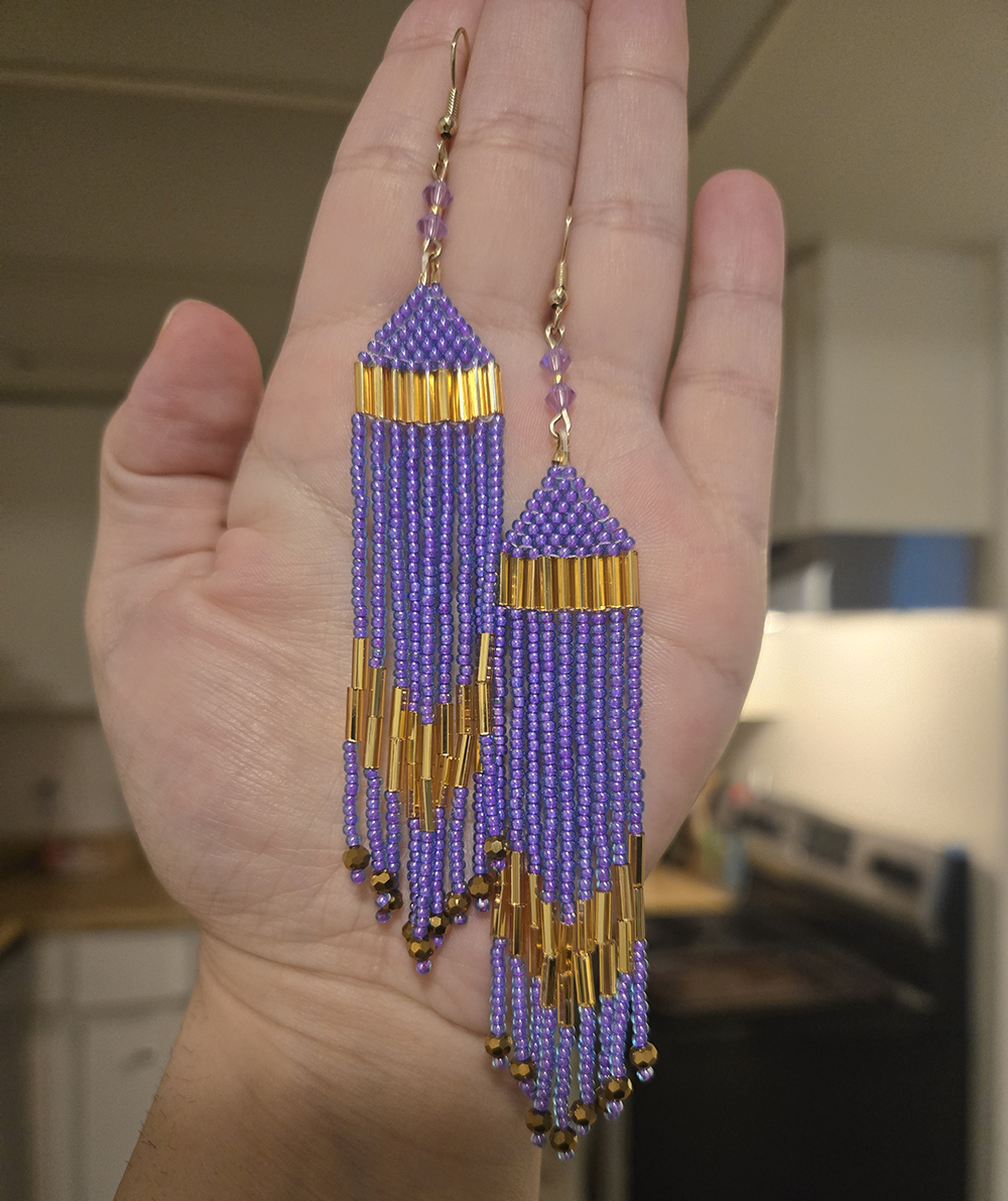 Purple/blue and gold fringe earrings (2024)