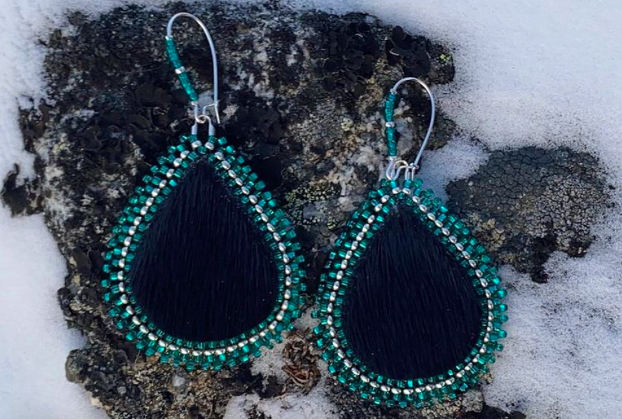 Black sealskin teardrops with green and silver beads (2022)