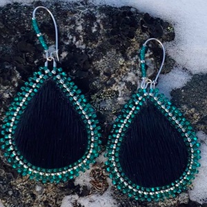 Black sealskin teardrops with green and silver beads (2022)
