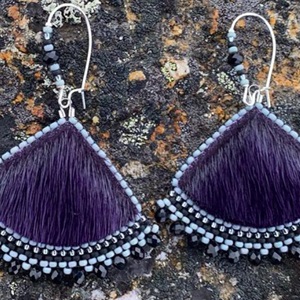 Purple sealskin ulus with rainbow grey beads (2021)