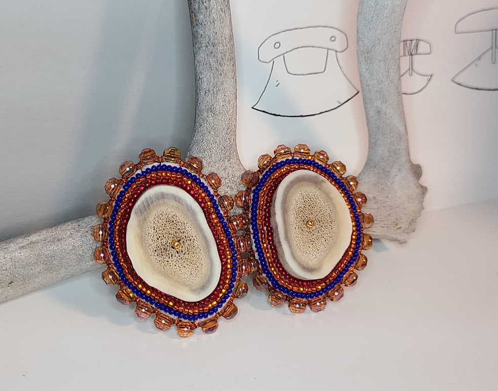 Red, blue and orange beaded caribou antler earrings (2021)