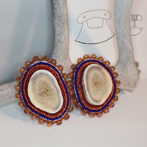 Red, blue and orange beaded caribou antler earrings (2021)