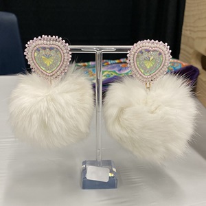 Pink heart earrings with fur pompoms (2024)