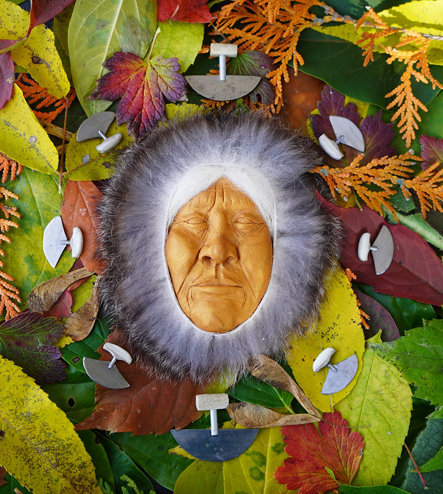 Sculpted Elder’s Face with wolf and rabbit fur (2018)