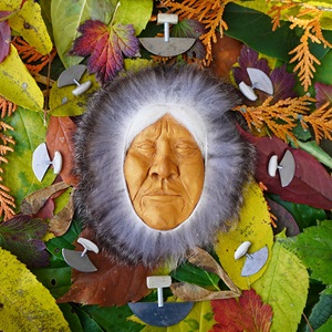 Sculpted Elder’s Face with wolf and rabbit fur (2018)