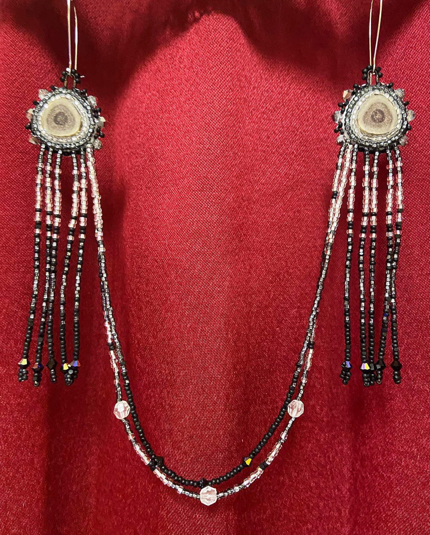 Beaded antler earring with attached necklace (2022)