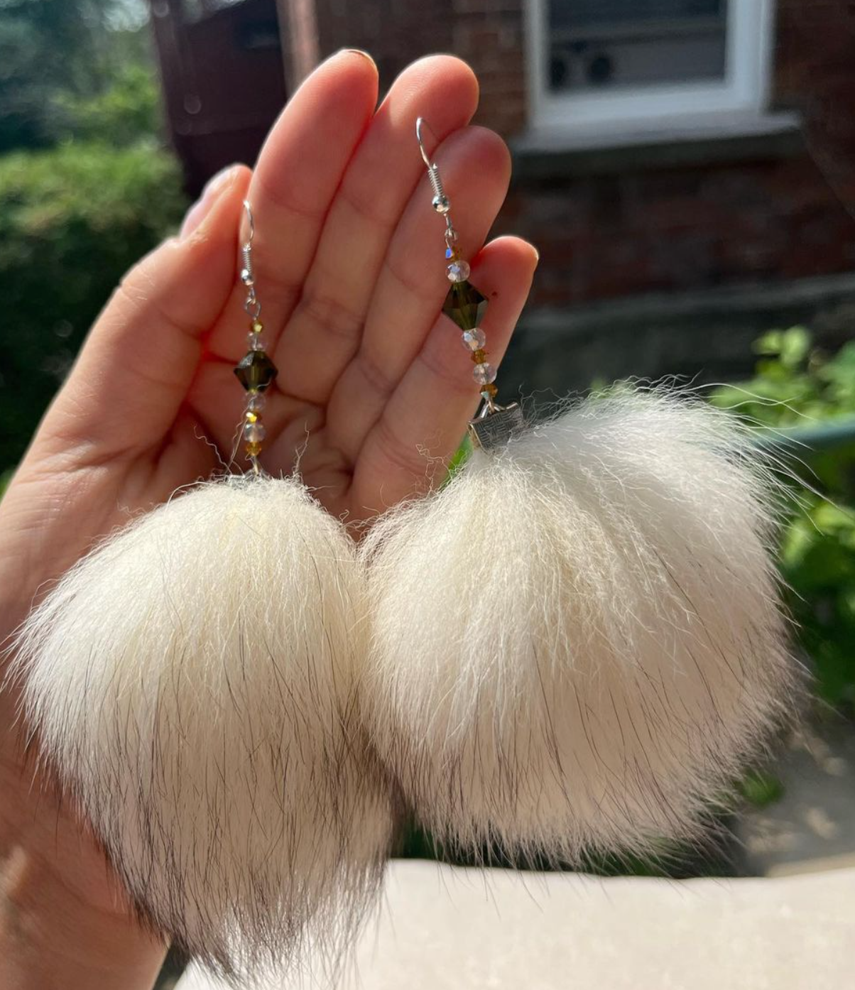 Fox Fur and Green Beaded Earrings (2023)