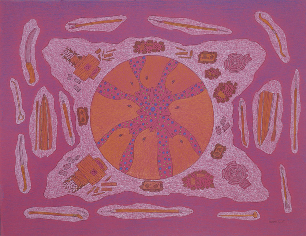 Untitled (Abstract composition with aerial camp view and a circle of bird heads) (2009)