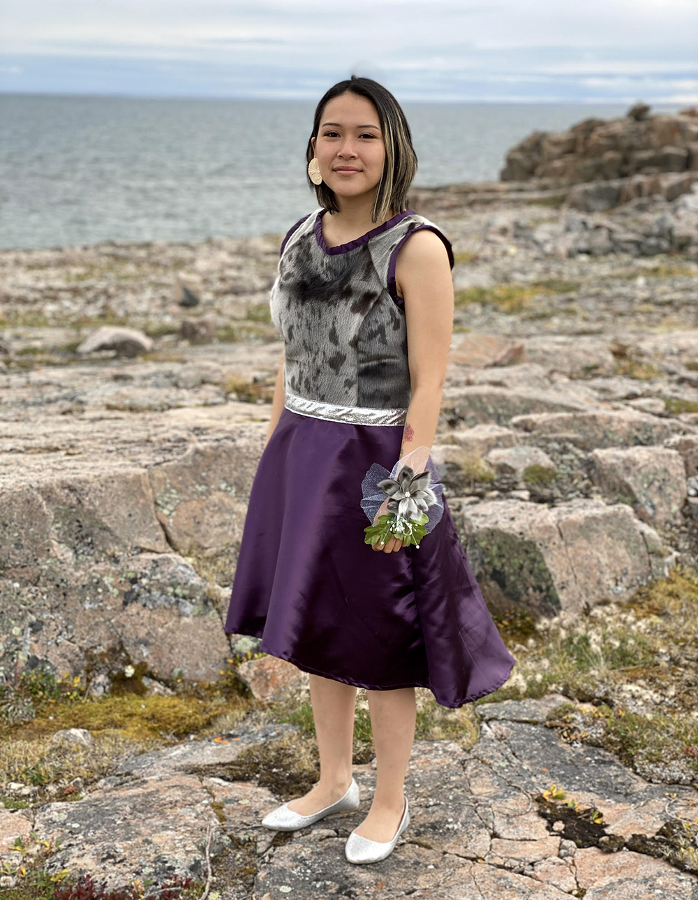 Sealskin and purple silk short dress (2020) Model Dawn Siutinuar