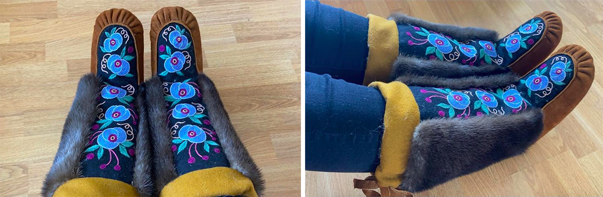 Tall embroidered kamiit with moosehide, and otter fur (2021)