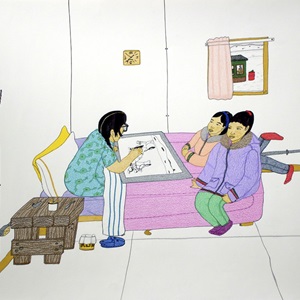 Pitseolak Drawing with Two Girls on the Bed (2006)