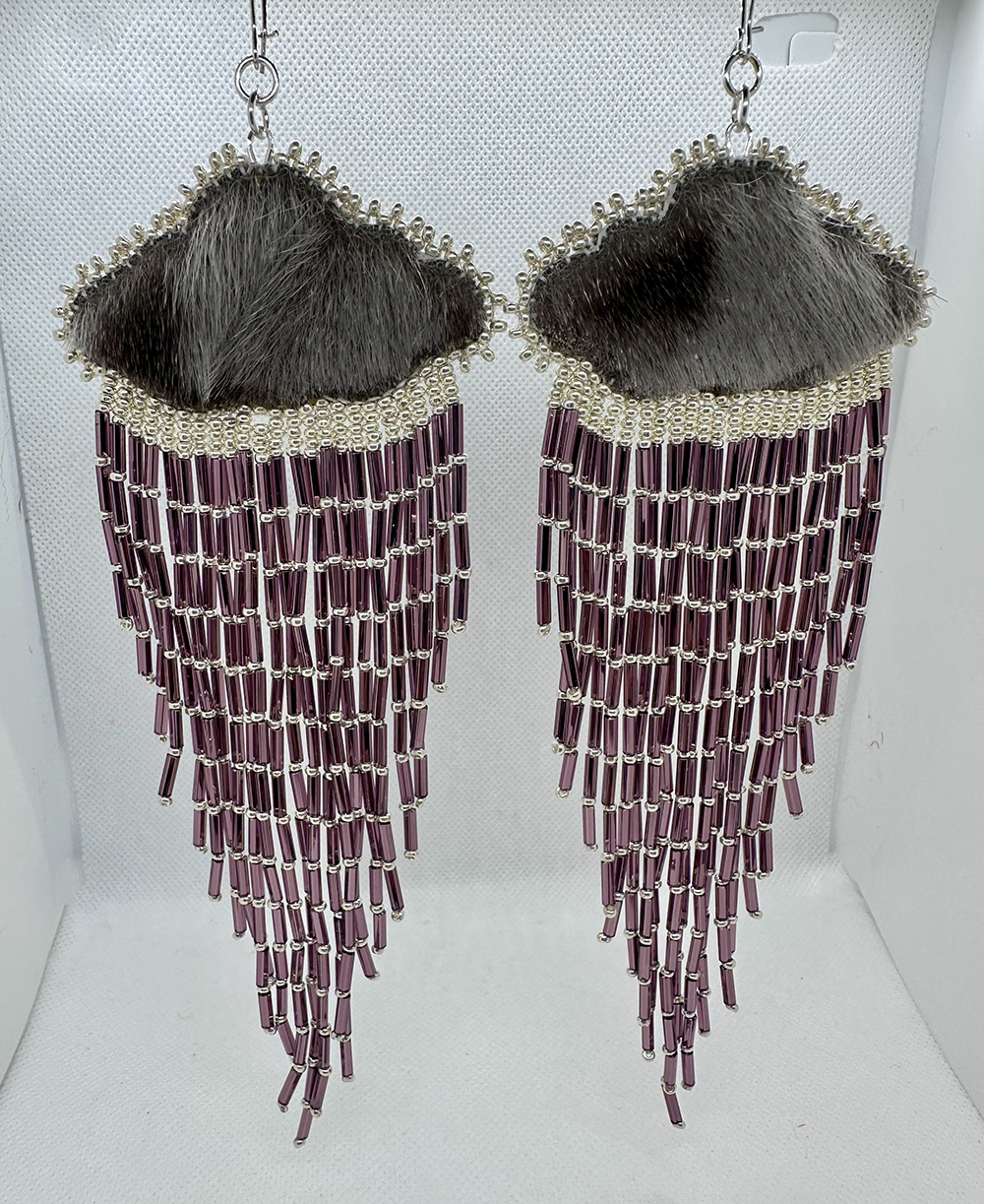Sealskin raincloud earrings with bugle fringe (2023)