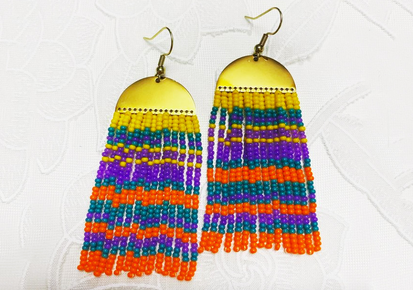 Gold plated qauruti earrings with yellow, turquoise, purple and orange beads (2020)