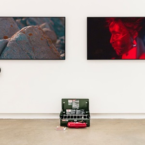 Installation view of Timiga nunalu, sikulu (My body, the land and the ice) (2016) with Tanya Tagaq