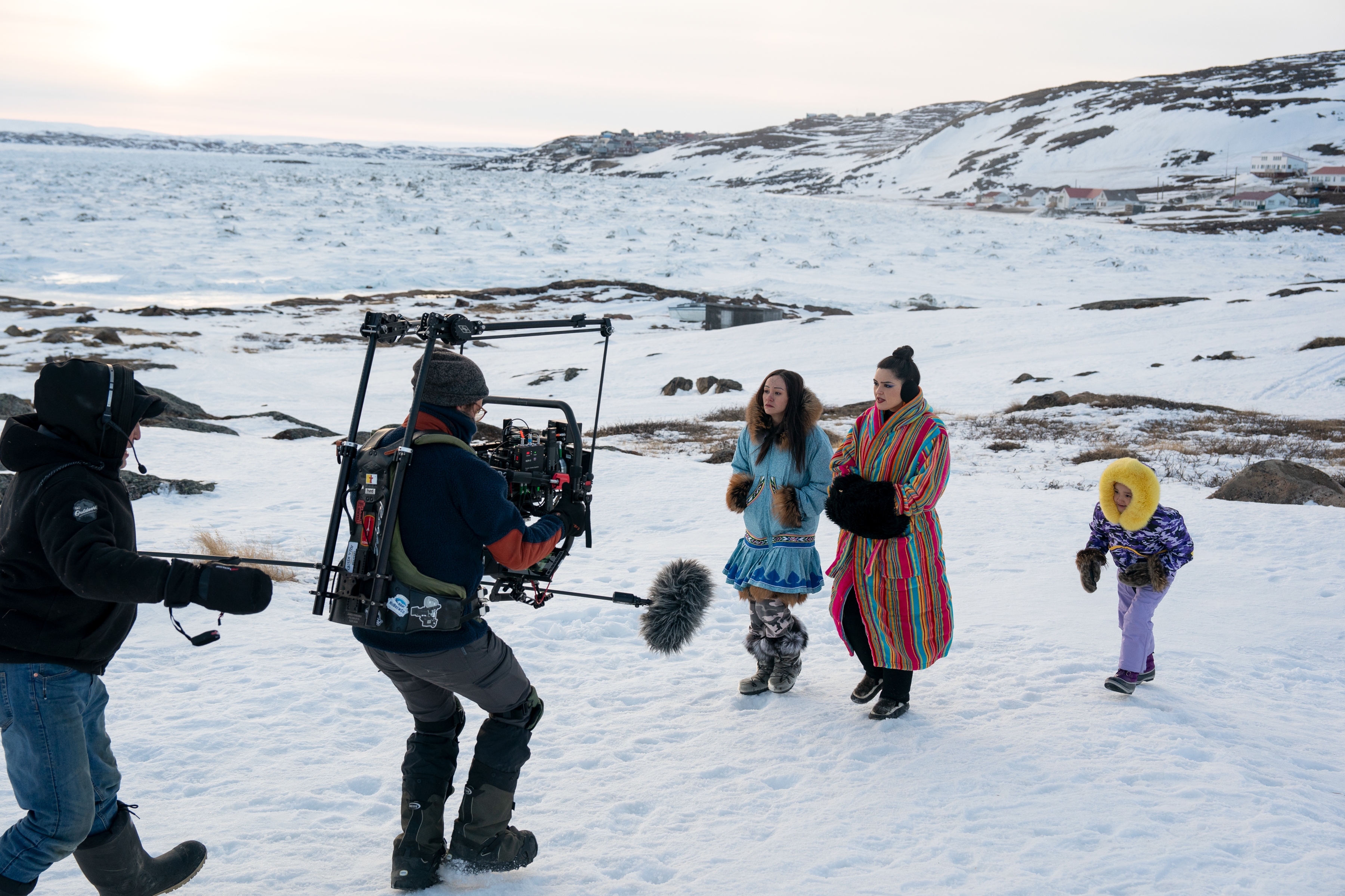 (L to R) Maika Harper as Neevee, Anna Lambe as Siaja and Hope Akeeagok in episode 101 of of North of North (Courtesy of APTN, CBC, Netflix; photo taken by Jasper Savage)