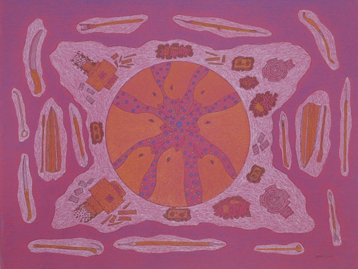 ManumieQavavauUntitled(AbstractCompositionWithAerialCampViewAndCircleOfBirdHeads)