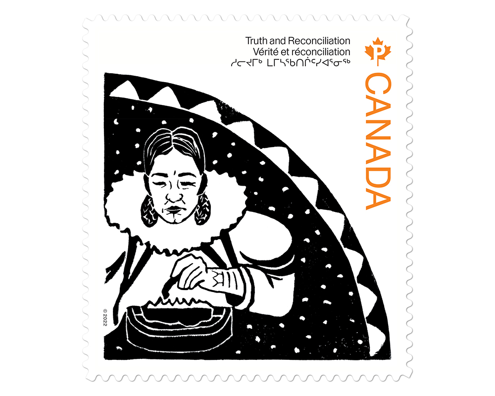 Gayle Uyagaqi Kabloona linocut print design selected for the 2022 Canada Post Truth and Reconciliation stamp series