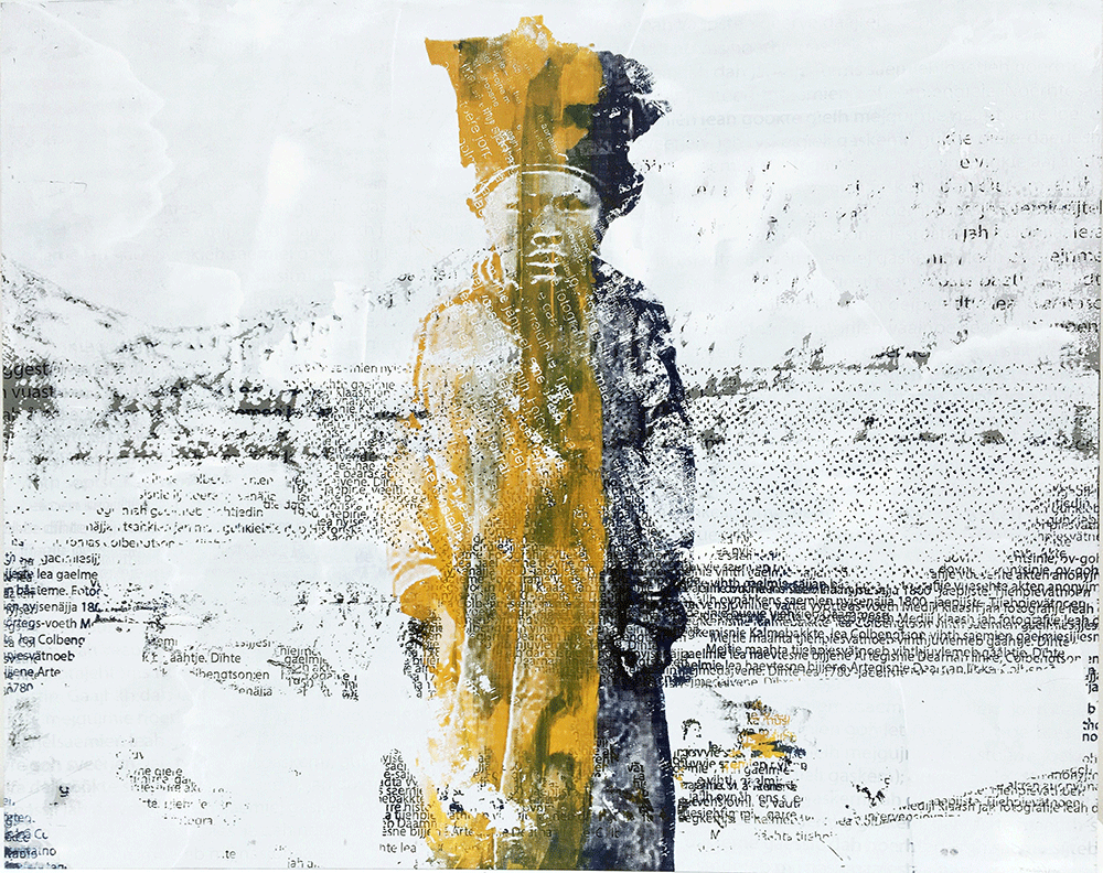 Abstract painting in yellow, black and white showing a figure against text background