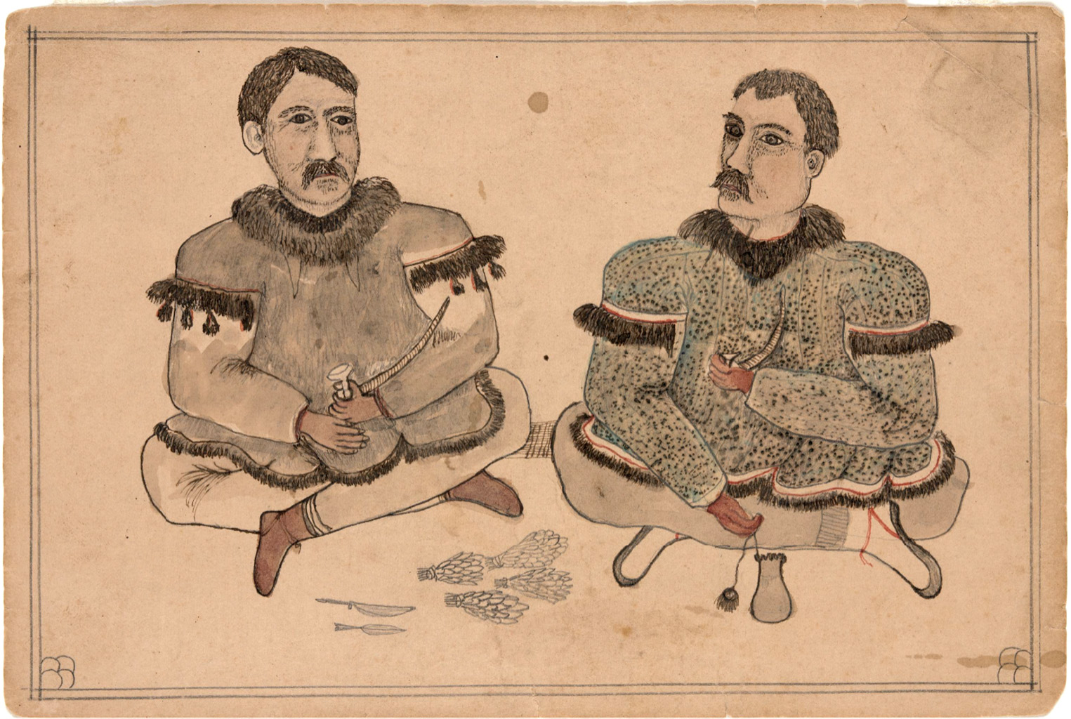 Two Men in Different Clothing with Carved Tobacco Pipes (recto) (c. 1890)